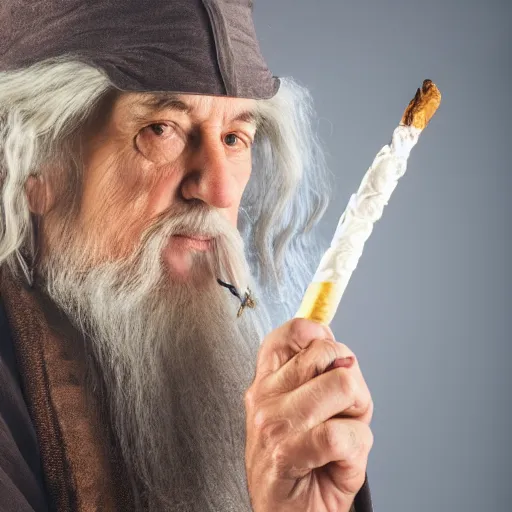 Image similar to a closeup studio photographic portrait of gandalf smoking a joint, studio lighting