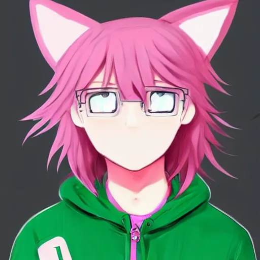 Prompt: cute young anime man with pink hair and pink wolf ears wearing a collar and a green hoodie, artstation