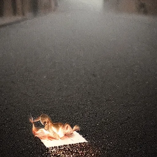 Prompt: beautiful photo, aspic on asphalt smoking cigarette, night, rain, fog, wet road