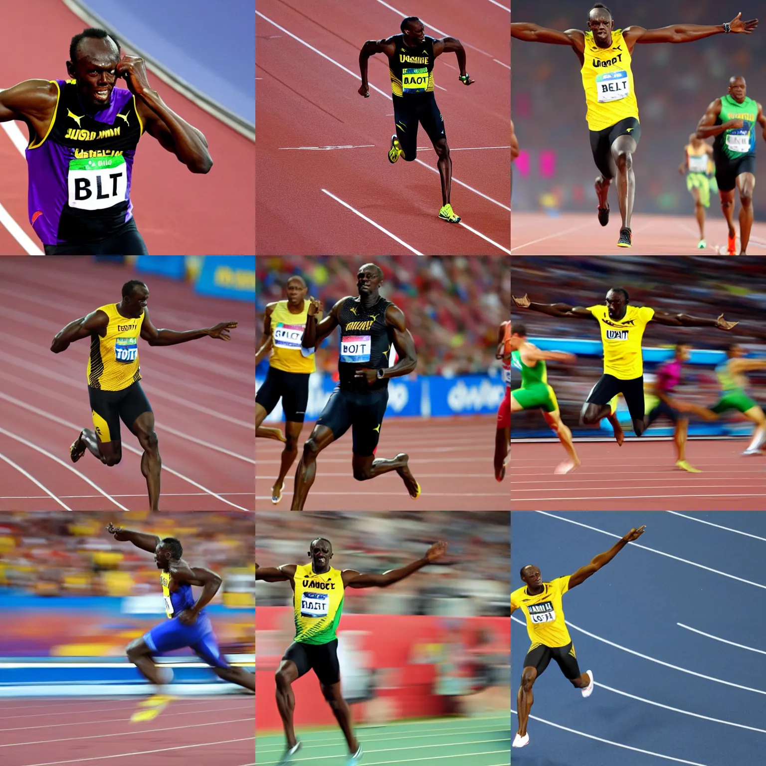 Prompt: Usain Bolt running while leaning forward with his arms outstretched behind him