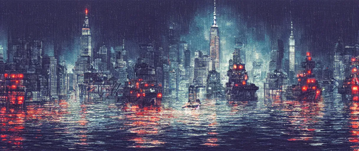 Image similar to carrier ship sailing on flooded miniature new york city at night, raining, art by yoshitaka amano, and artgerm, pixel art