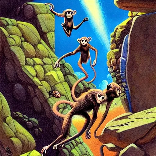 Prompt: Fantasy illustration by Clyde Caldwell - The monkeys chirrup loudly, a cacophonous din reverberating throughout the cavern. They leap into the air and land on the rocks, chittering and screeching to one another. One of them grabs a rock and hurls it into the pool. It splashes loudly, but the monkeys do not recoil. You see tattered strings of rope and cloth tied around their necks, to which they have affixed baskets that they carry beside them.