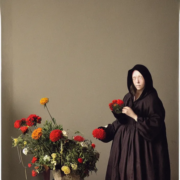 Prompt: a woman wearing a hood made of wire and zinnias, in an abandoned office building, by jan van eyck, canon eos c 3 0 0, ƒ 1. 8, 3 5 mm, 8 k, medium - format print