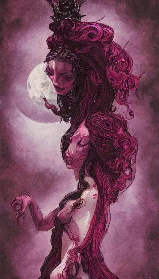 Image similar to portrait of princess of the dreamlands and moon beast, beautiful! coherent! by brom, deep colors, red maroon purple pink black, strong lines, rule of thirds