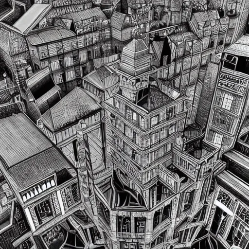 Prompt: a highly detailed, black and white, beautiful city in the style of MC Escher, 4K