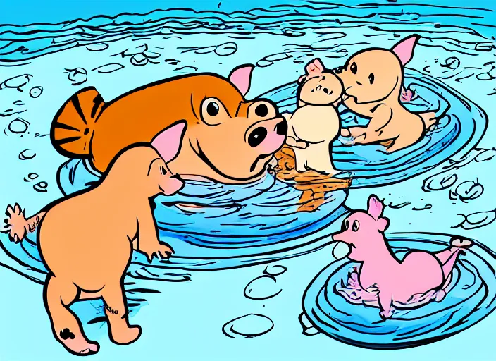 Image similar to one dalmatian piglet surrounded by chickadees in a swimming pool. comic style