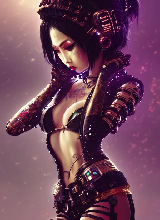 Image similar to soft lustrous ebony geisha seductive raver gutter punk steampunk cyborg, yakuza, golden ratio, details, scifi, fantasy, cyberpunk city, intricate, decadent, highly detailed, octane render, digital painting, artstation, concept art, sharp focus, illustration, art by artgerm, loish, wlop