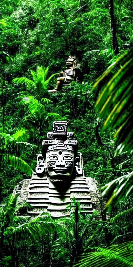 Image similar to a mayan god overlooking his subjects in the jungle,