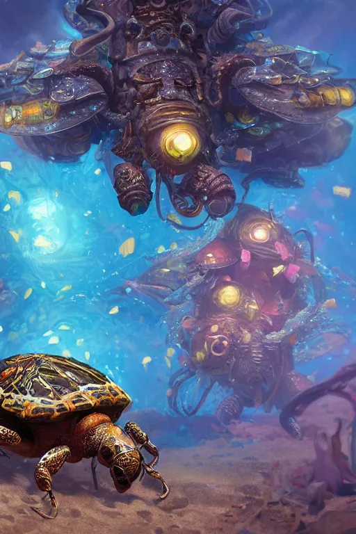 Prompt: beautiful painting of a caretta caretta wearing an armour of jewels and giant golden beetles in ocean coral reef, intricate details, realistic shaded , steampunk, highly detailed, artstation, illustration by Greg Rutkowski and Ruan Jia , octane render, dynamic light, volumetric light, neon lights, cinematic mood