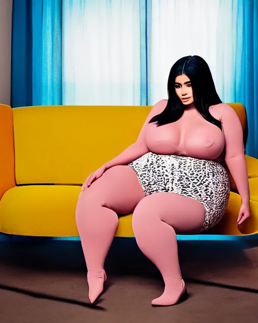 Prompt: film still of obese 3 0 0 - pound kylie jenner seated in a sofa eating mcdonald's, vibrant high contrast, octane, arney freytag, cinematic, portrait, backlit, rim lighting, 8 k