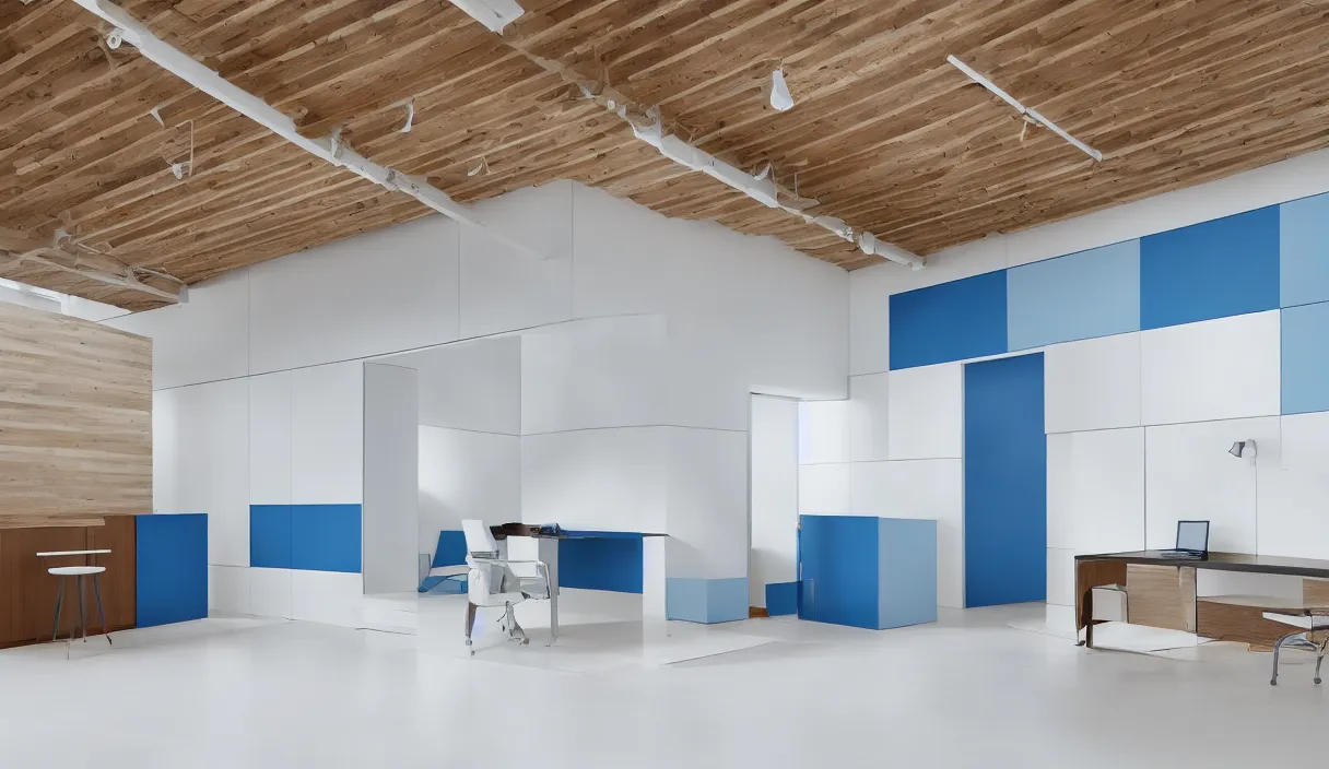 Image similar to a very minimalistic 7 0 s prisunic catalog with white, blue, metal and wood with the indoor office of severance series ( 2 0 2 2 ), in color