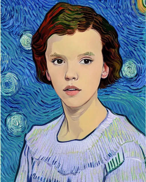 Image similar to portrait of millie bobby brown by vincent van gogh, digital art