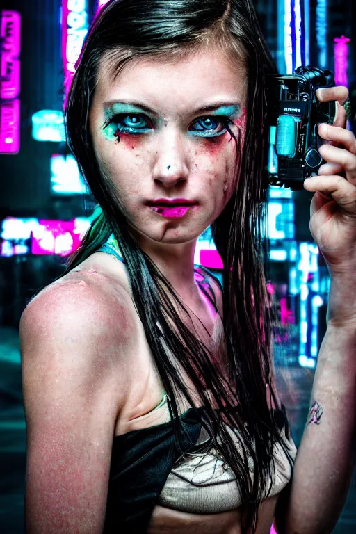 Image similar to photographic portrait of a cyberpunk girl, in the style of terry richardson