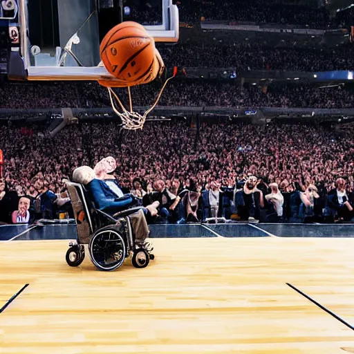 Image similar to photograph of stephen hawking flying through the air in his hovering wheelchair, dunking, highlights of the 2 0 1 9 nba slam dunking contest