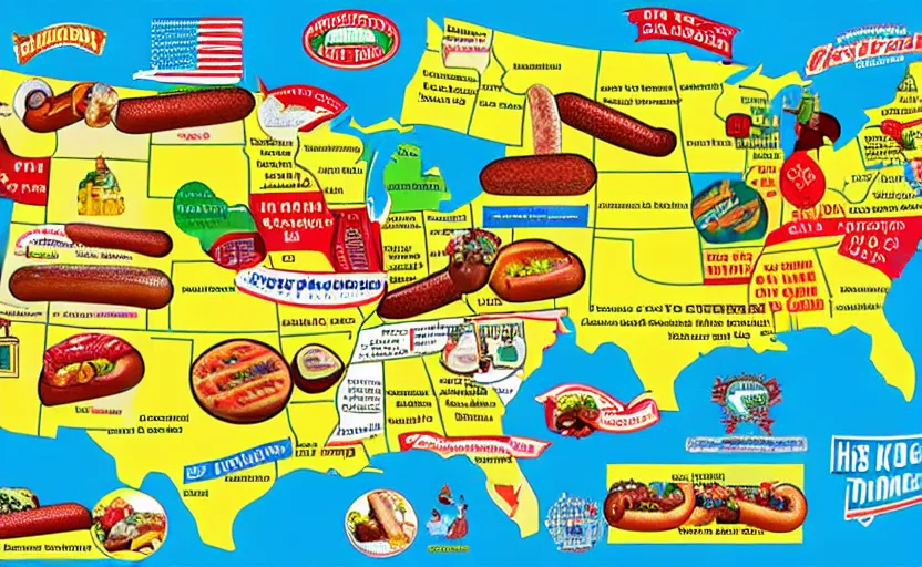 Image similar to hot dogs across america map, detailed, map key, tourist map, brochure