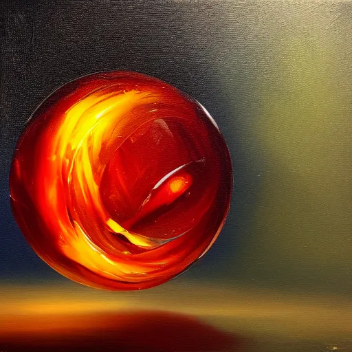 Image similar to soap bubble with fireball inside, oil painting