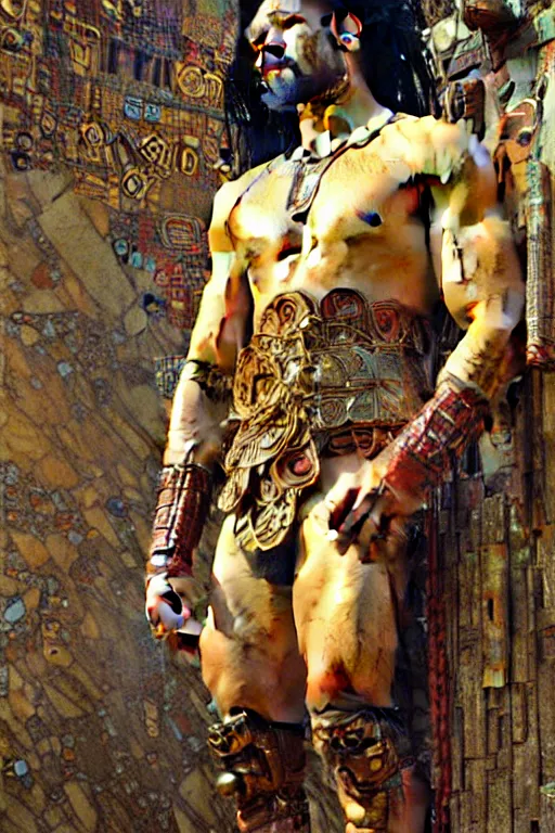 Image similar to Gladiator, muscular, detailed face, correct face, cyberpunk chinese ancient castle, fantasy, painting by Gustav Klimt, greg rutkowski and alphonse mucha