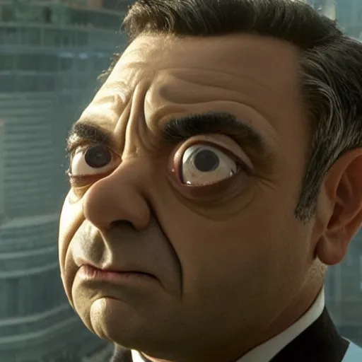 Prompt: Confused Rowan Atkinson as an MiB agent looking at a bizzare alien in the new Men in Black movie