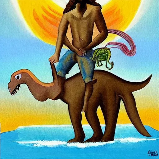 Image similar to “painting of Jesus riding a dinosaur”