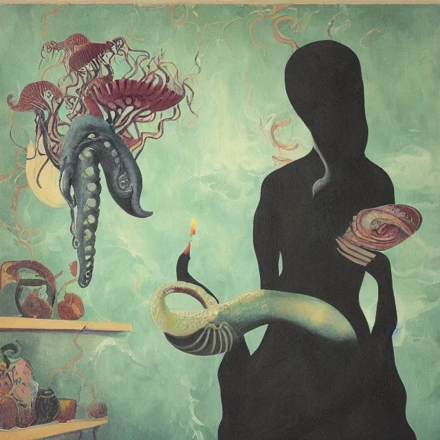 Image similar to tall female artist holding a nautilus in her flooded kitchen, pomegranates, octopus, water gushing from ceiling, painting of flood waters inside an artist's apartment, a river flooding indoors, candles, ikebana, zen, rapids, waterfall, black swans, canoe, berries, acrylic on canvas, surrealist, by magritte and monet