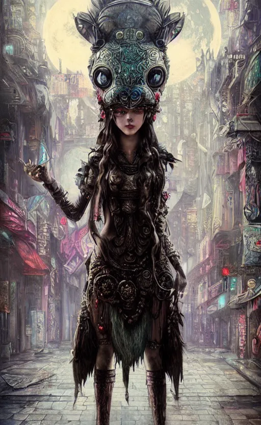 Image similar to hyper realistic Princess Mononoke, ornate mask magic, wet market street, cyberpunk metropolis, city landscape, jewels, full body pose, full moon, style of tom bagshaw, mucha, james gurney, norman rockwell, denoised, sharp