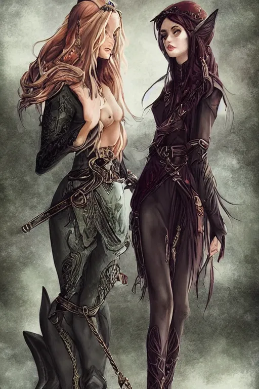 Image similar to a beatiful female elven priestess wearing thigh high black leather boots, she is holding a kneeling girl on a leash, ultrarealistic detailed digital art in the style of Charlie Bowater