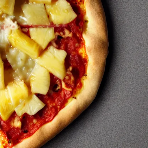 Prompt: pizza with pineapple toppings close up, 4 k, cinematic shot, photorealistic