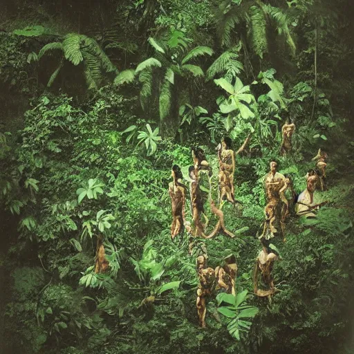 Image similar to aerial realistic expired fuji film photograph of india tribe in jungle with strange creatures