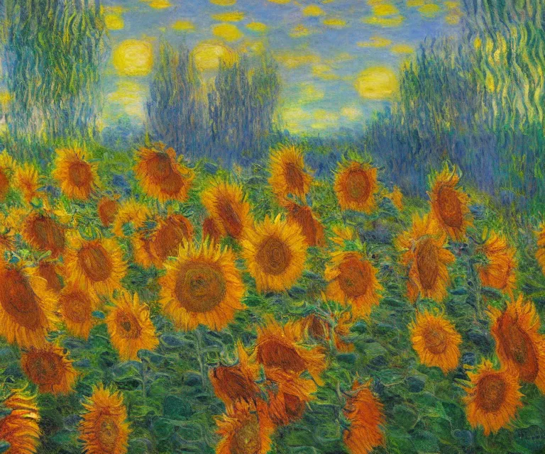 Image similar to sunflowers, monet, oil painting, bright colors, sunlight, happy, peaceful, serene, joy