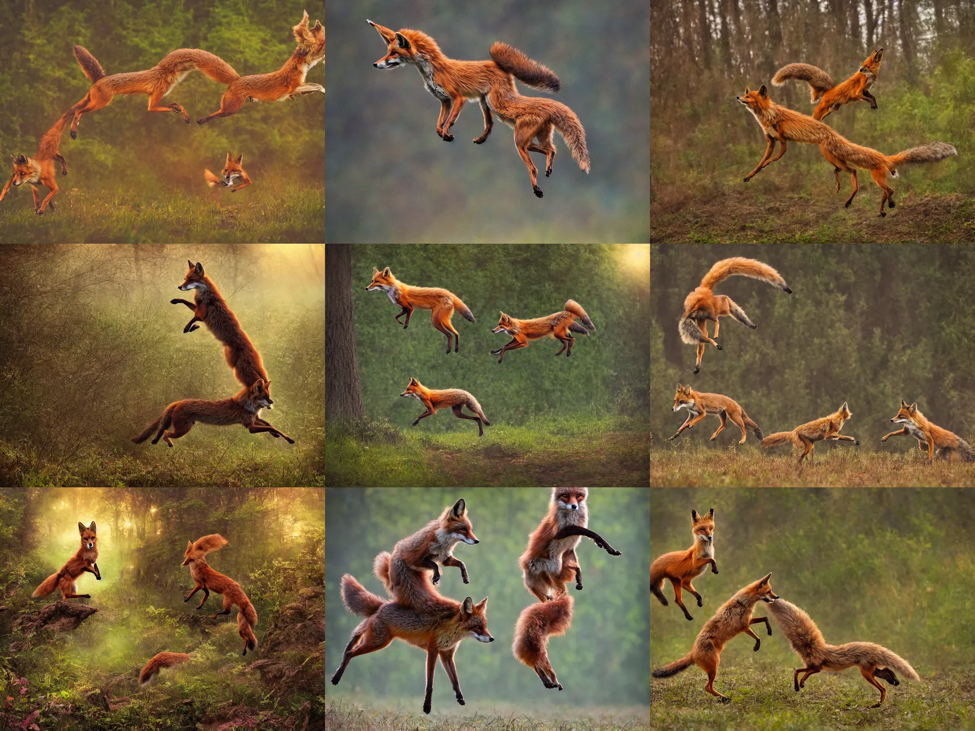 Prompt: the quick brown fox jumps over the lazy dog, dreamy, magic forest at dawn