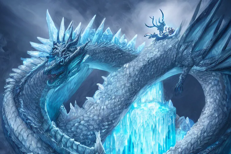 Image similar to frozen dragon in a giant throne of ice, mystical, digital painting, mixed media, trending on artstation and deviantart, epic composition, highly detailed, 8 k