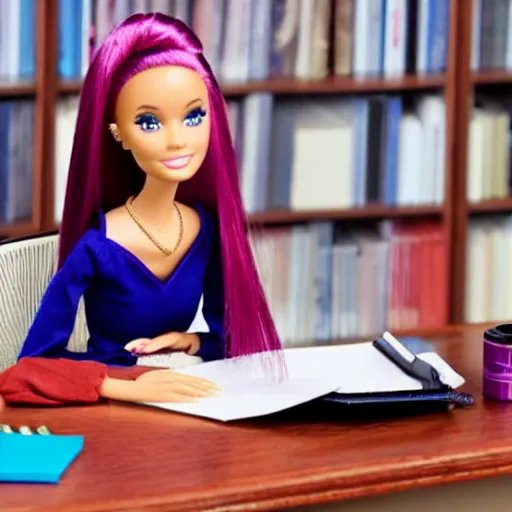 Image similar to a tired!!!!!!!! and sad!!!!!!!!! barbie doll sits at a desk in her office. the desk is overflowing!!! with several large stacks!!! of paper that surround!!! her entirely. her head is resting on her hand, photorealistic,