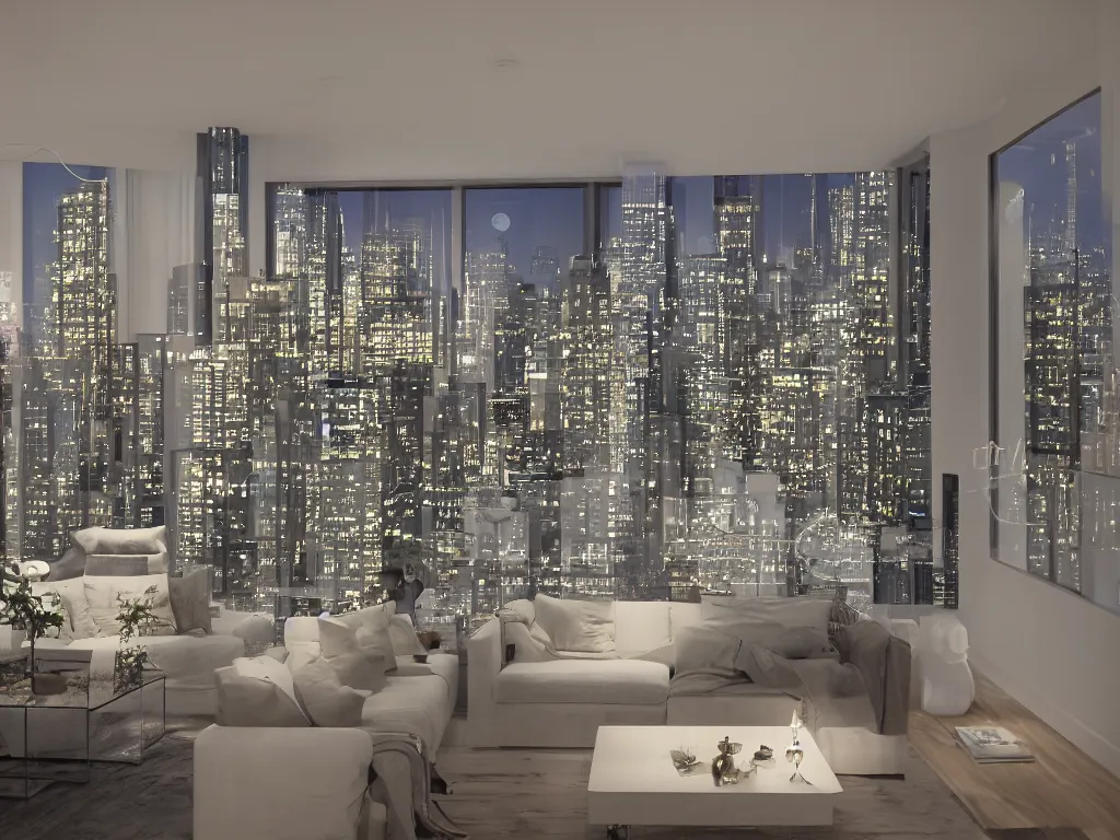 Image similar to a Photorealistic hyperrealistic interior night time render of a beautifully decorated modern apartment overlooking a megapolis,Nikon Z7, ISO 64,Nikkor 20mm f1.8 lens,aperture f/9,exposure 1/40secs