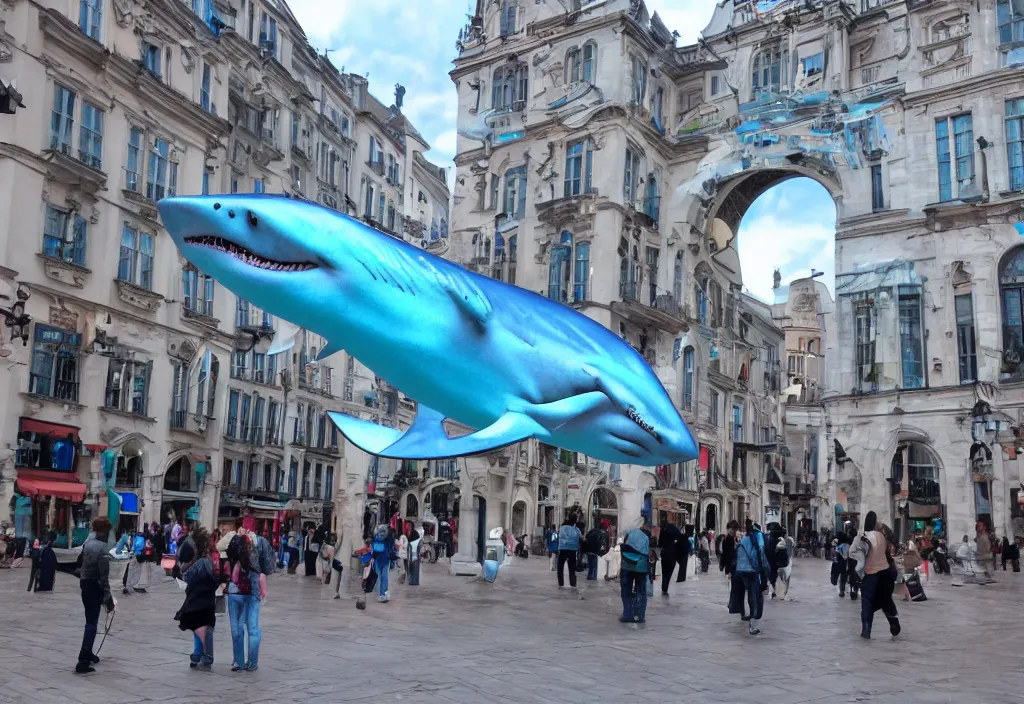 Image similar to 3 d 🦈 popping out of curved screen, town square