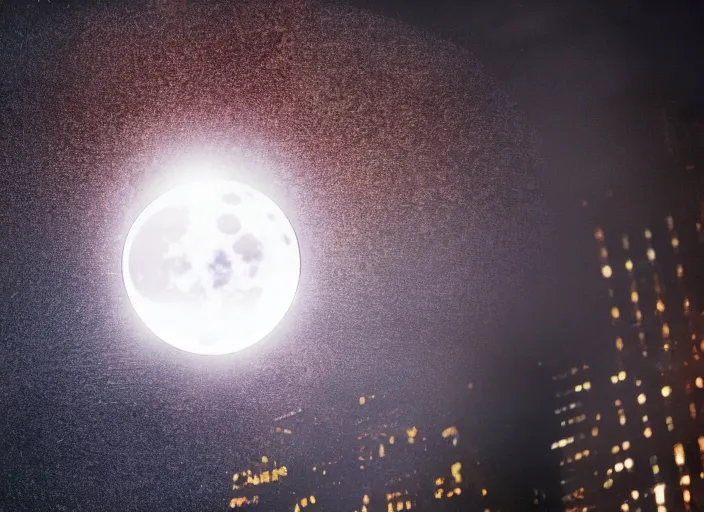 Image similar to film still of the moon shattering into pieces exploding moon over time square in the new disaster, 8 k, night time