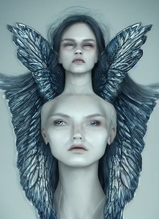 Prompt: Beautiful female angel, digital Art, trending on Artstation, dramatic lighting, face symmetry, intricate wings