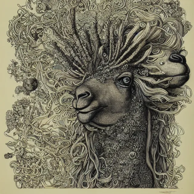 Image similar to llama with dreadlocks, otomo katsuhiro, ernst haeckel, james jean