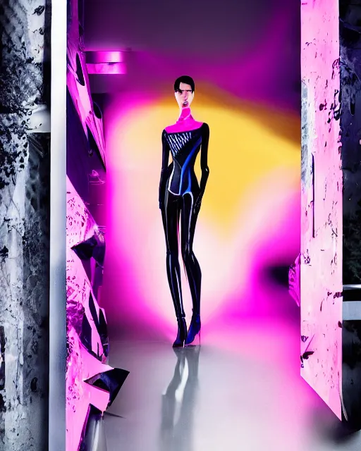 Image similar to an award winning fashion photograph for Balenciaga's futuristic cyberpunk Bladerunner 2049 fall corporate line by Artgerm, dazzle camouflage!, dayglo pink, dayglo blue, raven black, the Matrix