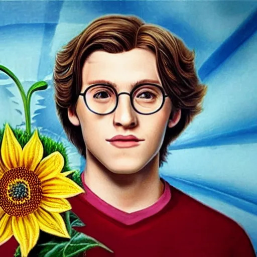 Image similar to hyperrealistic portrait harry poter holding a sunflower in the background there is a beautiful full moon