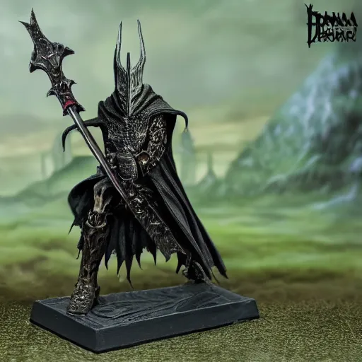 Prompt: Sauron skeletal mask holding sword intimidating standing in front of Minas Morgul fortress Minas Ithil ring wraith fantasy painting mid distance 40mm fullbody