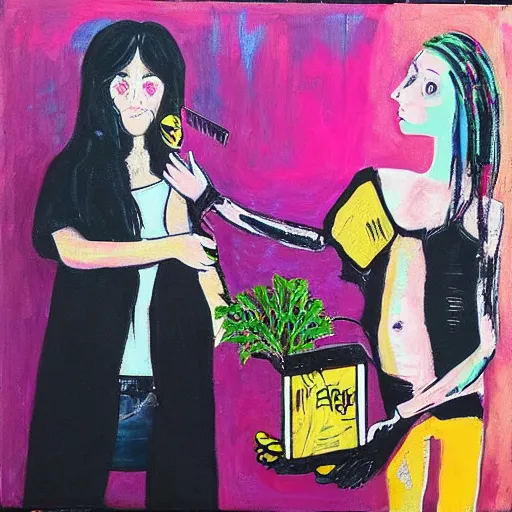 Prompt: “tall queer woman with long pink hair and a tall emo girl feeding Australian $50 notes to a weedy pig, capitalism, acrylic and spray paint and oilstick on canvas, neoexpressionism”