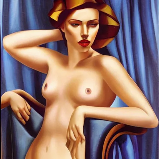 Image similar to Scarlett Johansson bathing, full body, in the style of Tamara de Lempicka