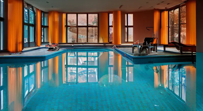 Prompt: 35mm photo of a indoor pool, gorgeous interior design, salmon colors, extreme temperature-interior-lighting, buildings-view, gorgeous-design, peaceful, style of Philippe Starck, 4k, professional photography, wide-perspective, grand-composition, concept-art, highly-detailed, sublime, dramatic, cinematic