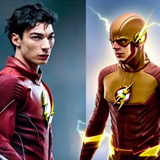 Image similar to a duel between warner and ezra miller as flash ( right ), in space, shot on alexa, trending on hollywood reporter