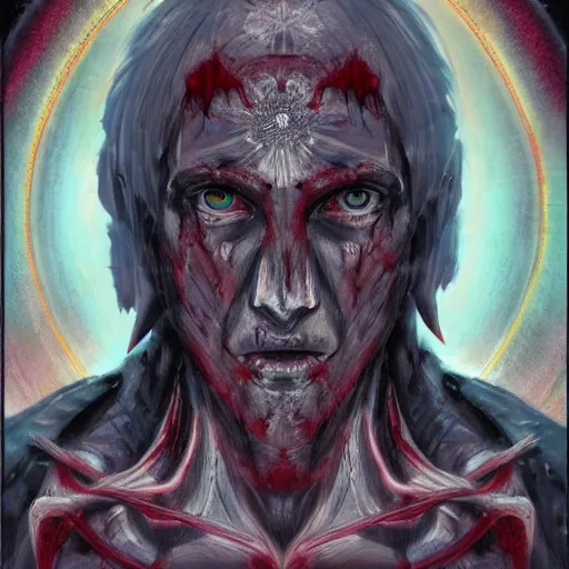 Image similar to 4K headshot portrait of godlike Warlock of Nazareth with defined arms and open hands and bloody clothes with giant mandala wings , intricate face , flawless anime cel animation by Kentaro Miura, psychedelic , highly detailed upper body , professionally post-processed , beautiful, scary, symmetry accurate features, epic, octane rendered, anime masterpiece, accurate by Craig Mullins, ilya kuvshinov, krenz cushart, epic , artgerm trending on artstation by Edward Hopper and Dan Mumford and WLOP and Rutkovsky, beksinski carl spitzweg moebius and tuomas kocar, intricate artwork by caravaggio, Unreal Engine 5, Lumen, Nanite