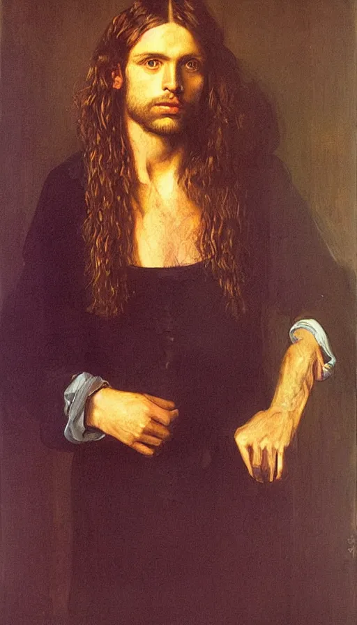 Image similar to a painting of a man with long hair, a portrait by Robert Lenkiewicz, cg society, pre-raphaelitism, da vinci, studio portrait, oil on canvas