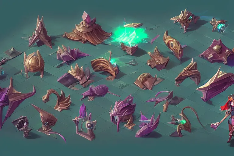 Prompt: Concept art of the new League of Legends Champion on Summoner's Rift, Isometric, Digital Painting, Trending on Artstation, Character Reference Sheet