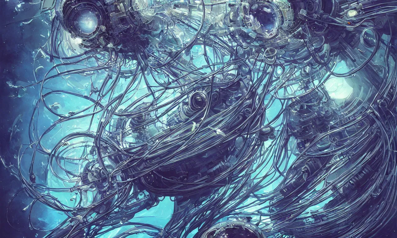 Prompt: a hyper detailed painting of a cyberpunk jellyfish, cables everywhere, blue tones, underwater, 16 mm, highly detailed, digital painting, artstation, concept art, smooth, sharp focus, illustration, art by artgerm and greg rutkowski and alphonse mucha