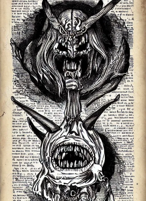 Image similar to a full page scan of detailed vintage illustrated instructions on how to decapitate a demon, handwritten, spells, intricate writing, satanic, evil, grimoire page, necronomicon style