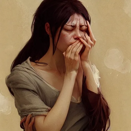 Image similar to a beautiful crying woman showing pain and remorse, highly detailed, digital painting, artstation, concept art, smooth, sharp, focus, illustration, art by artgerm and greg rutkowski and alphonse mucha